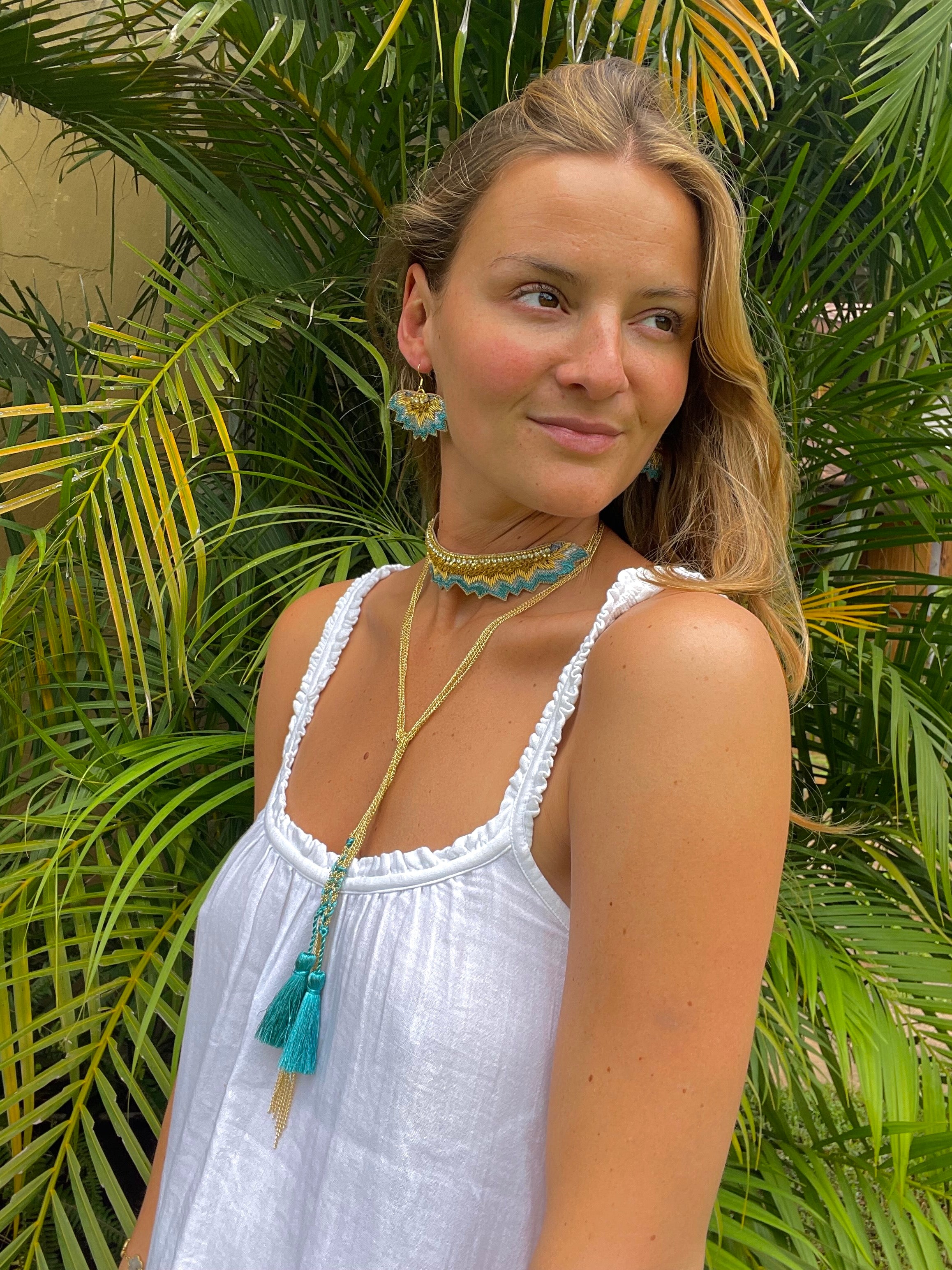 nahua officail mahi necklace in aquamarine hand embroidered cuff necklace choker wrap around necklace