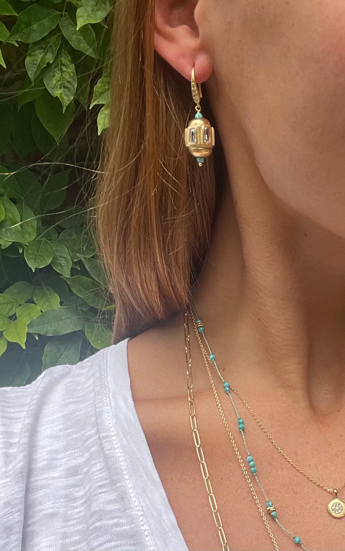 turquoise gold pendant drop down earrings