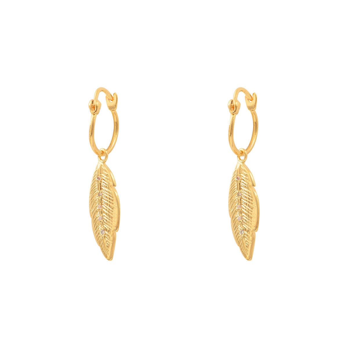 feather gold plated earrings white cubic zirconia